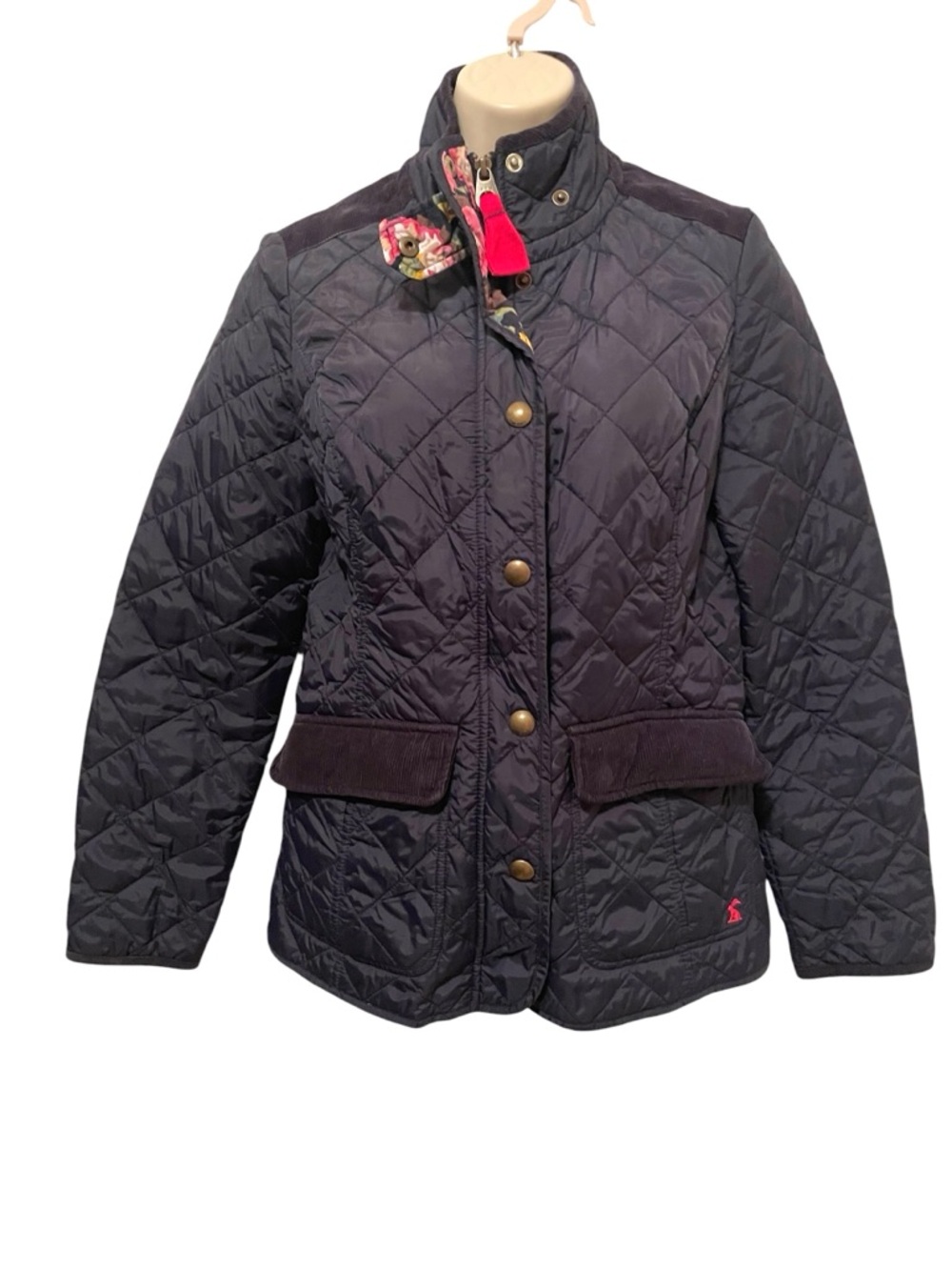 Joules British Quilted Field Jacket Blue Corduroy Accents Floral Lining Small